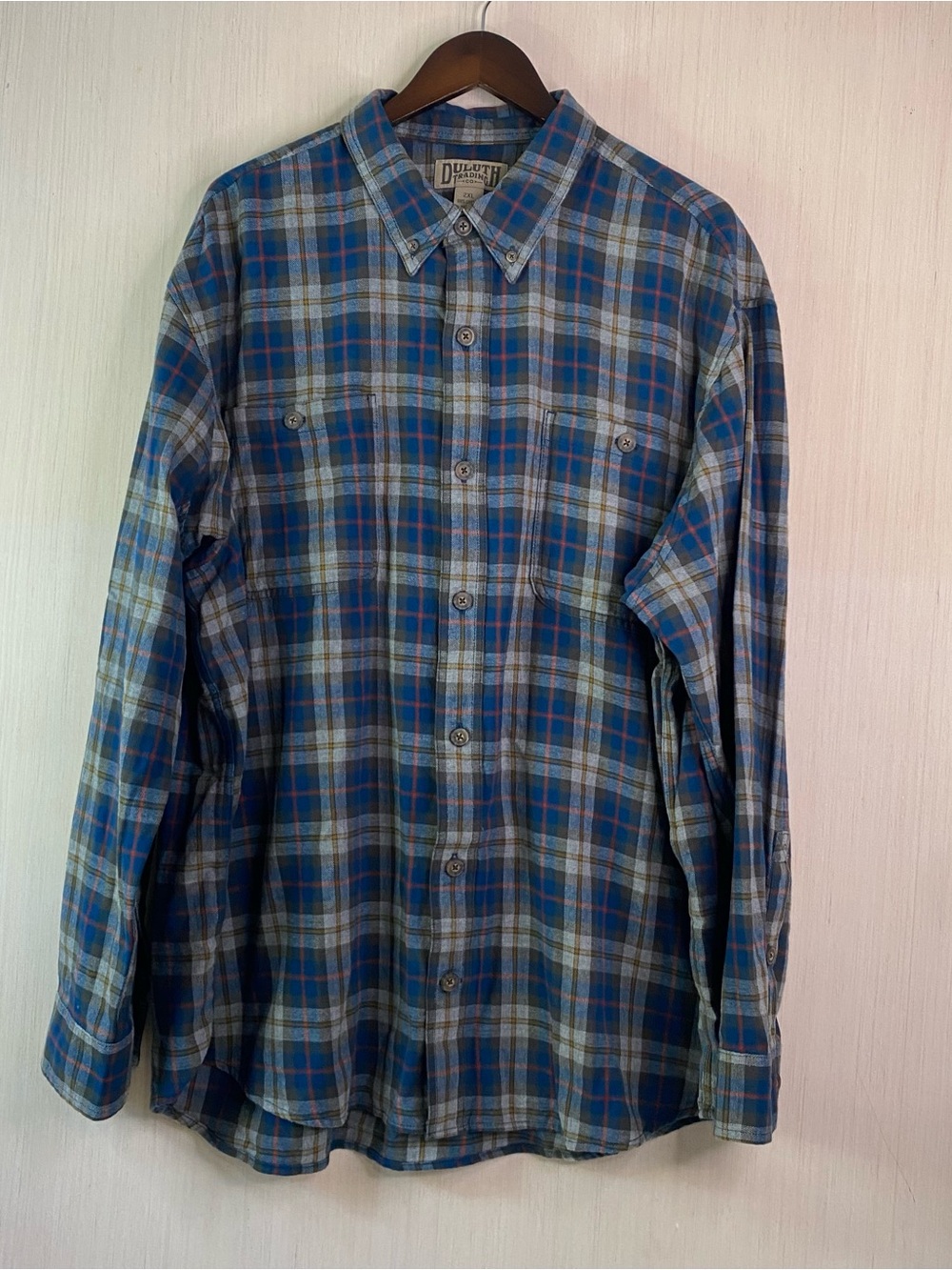 Duluth Trading Co Men’s Plaid Long Sleeve Flannel Button-Down Shirt Blue 2XL